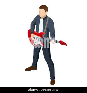 Isometric Realistic Electric Guitar. Man playing an electric guitar isolated on white background Stock Vector