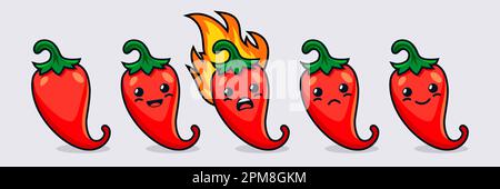 Vector Cartoon Cute and Funny Red Hot Chili Pepper Icon Set. Kawaii Style. Fresh Chili Hot Pepper with Different Emotions. Design Template for Stock Vector