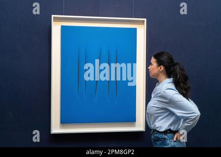 London, UK. 12 April 2023. LUCIO FONTANA, Concetto Spaziale, Attese, 1968, Estimate USD 1.8-2million Highlights from Sotheby's Blockbuster May Sales ahead of next month's New Yory auctions. Credit: amer ghazzal/Alamy Live News Stock Photo