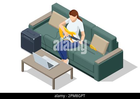 Isometric Electric Guitar. Woman playing an electric guitar and combo amp near isolated on white background. Online studying. Woman is watching video Stock Vector