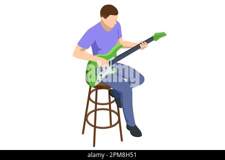 Isometric Realistic Electric Guitar. Man playing an electric guitar isolated on white background. Rehearsal base Stock Vector
