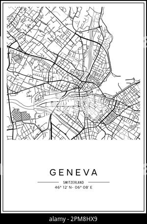 Black and white printable Geneva city map, poster design, vector ...