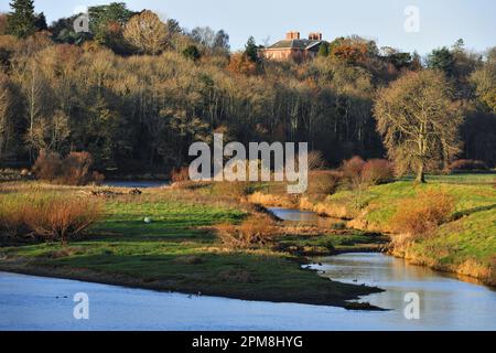 River Tweed view down stream from the Union Bridge to Paxton House, Berwickshire, Scottish Borders, Scotland, November 2013 Stock Photo