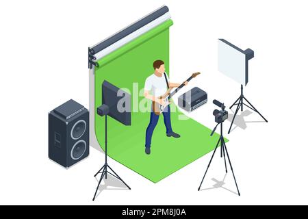 Isometric Realistic Electric Guitar. Man playing an electric guitar and records tutorial video how to play electric guitar, the camera on a tripod Stock Vector