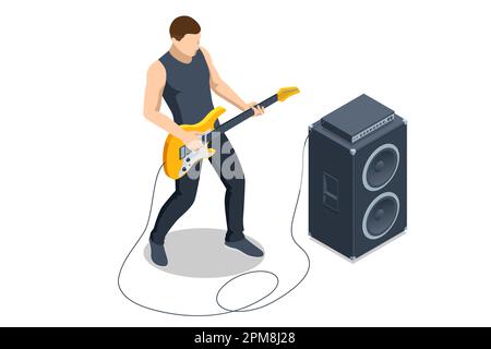 Isometric Realistic Electric Guitar. Man playing an electric guitar and combo amp near isolated on white background Rehearsal base Stock Vector