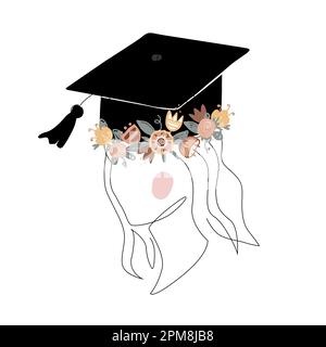 Cute girl silhouette in graduation cap decorated with doodle flower wreath. Happy graduate student. Scandinavian and continuous line style. Vector Stock Vector