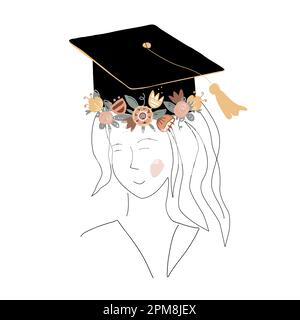 Cute girl silhouette in graduation cap decorated with doodle flower wreath. Happy graduate student. Scandinavian and continuous line style. Vector Stock Vector