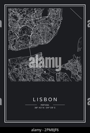 Black and white printable Lisbon city map, poster design, vector illistration. Stock Vector
