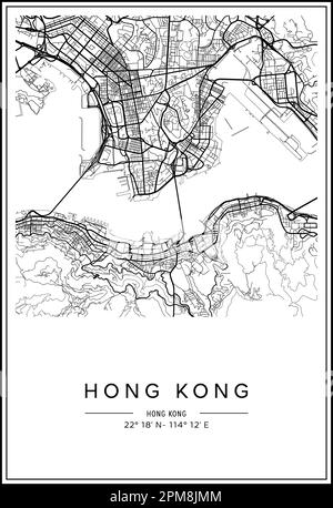 Black and white printable Hong Kong city map, poster design, vector illistration. Stock Vector