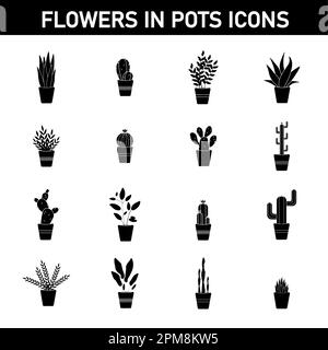 Collection of simple icons on the topic: flowers in pots. Isolated on white background. Stock Photo
