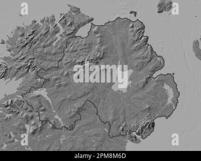 Northern Ireland, region of United Kingdom. Bilevel elevation map with lakes and rivers Stock Photo