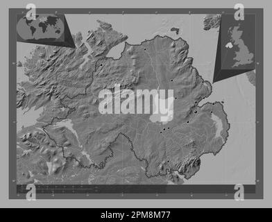 Northern Ireland, region of United Kingdom. Bilevel elevation map with lakes and rivers. Locations of major cities of the region. Corner auxiliary loc Stock Photo