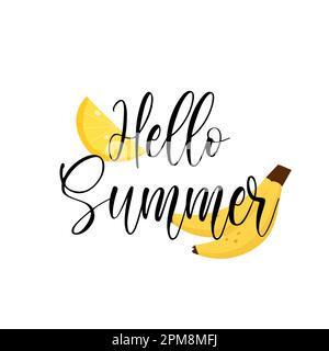 Summer mood inspirational quote with tropical fruits. Hello summer lettering with juicy illustrations. Stock Vector