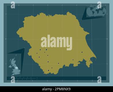 Yorkshire and the Humber, region of United Kingdom. Solid color shape. Locations of major cities of the region. Corner auxiliary location maps Stock Photo