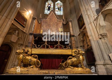 The Coronation Chair is seen inside Westminster Abbey in London, ahead of the coronation of King Charles III. Westminster Abbey has been used as the coronation church since William the Conqueror in 1066, with the exception of kings Edward V and Edward VIII, who were not crowned. King Charles III will be the 40th reigning monarch to be crowned there during a ceremony on May 6. Picture date: Wednesday April 12, 2023. Stock Photo