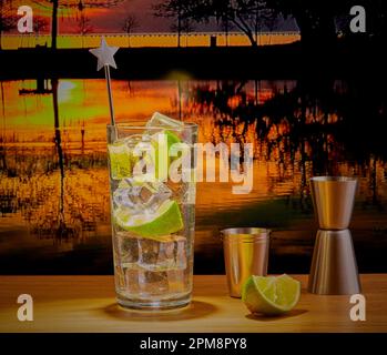 Gin cocktail on the rocks with a tropical setting in the background. Stock Photo