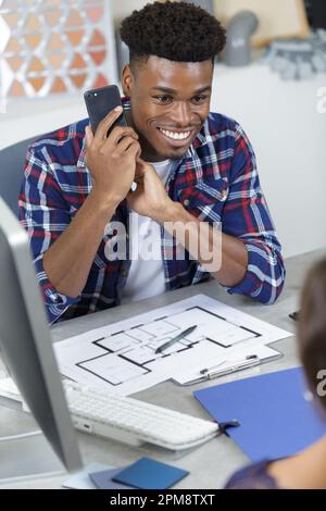construction engineer working with blueprints and customer Stock Photo