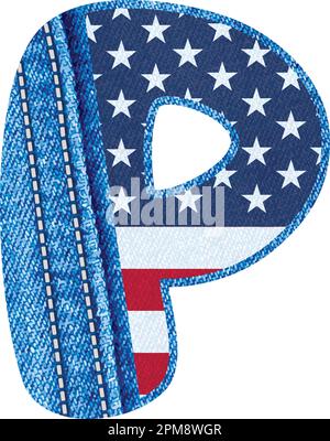 Letter P with the texture of blue denim fabric and US flag - The Monogram P with jean fabric and American flag- Vector jean fabric alphabet A to Z Stock Vector