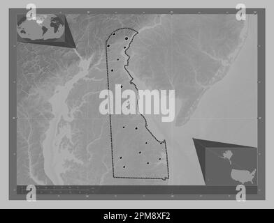 Delaware, state of United States of America. Grayscale elevation map with lakes and rivers. Locations of major cities of the region. Corner auxiliary Stock Photo