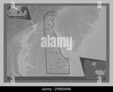 Delaware, state of United States of America. Grayscale elevation map with lakes and rivers. Locations and names of major cities of the region. Corner Stock Photo