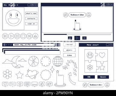 A set of stickers and icons in retro aesthetics old computer style. User interface elements, dialog boxes, player buttons. Nostalgic Y2K design object Stock Vector