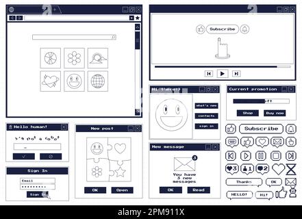 Big set of retro desktop browser and dialog windows. Cute 80s 90s old computer user interface elements and vintage aesthetic icons. Nostalgic retro op Stock Vector