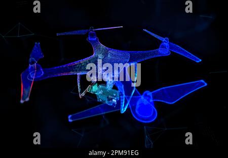 Abstract line and point drone. Drone flying with action video camera on dark blue. Polygonal low poly background with connecting dots and lines Stock Photo