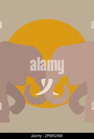 Lovely couple aesthetic elephant poster illustration. Colorful sunset in savannah Stock Vector