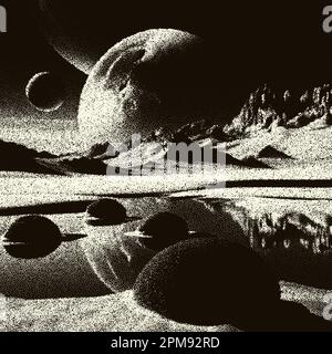 Alien planet landscape in retro dotwork style. Planets and satellites over unknown planet in space. Sci-fi world landscape beyond our galaxy. Stock Vector