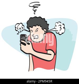 line art angry man with smartphone illustration vector hand drawn isolated on white background Stock Vector