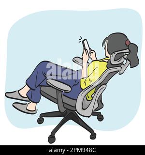 line art woman using smartphone on office chair illustration vector hand drawn isolated on white background Stock Vector