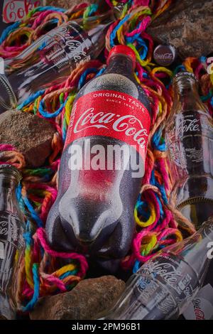 Mansfield,Nottingham,United Kingdom:Studio product image of different bottles of Coca-Cola both empty and full. Stock Photo