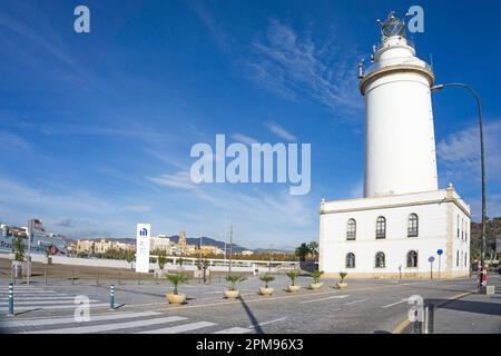 La Farola de Malaga, lighthouse at the entrance of Malaga harbour, Malaga, Andalusia, Costa del Sol, Spain, Europe Stock Photo