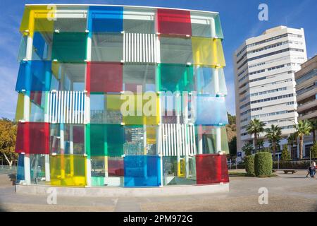 Multicolored glass cube at Pompidou Art Centre, Muelle Uno, Malaga, Andalusia, Costa del Sol, Spain, Europe Stock Photo