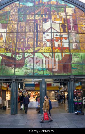 Stained glass window at the entrance of 'Mercado Central de Atarazanas', old town of Malaga, Andalusia, Costa del Sol, Spain, Europe Stock Photo