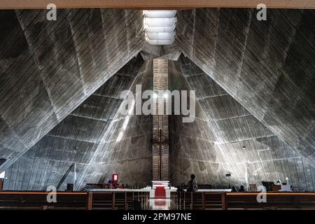 St. Mary's Cathedral, the seat of of the Roman Catholic Archdiocese of Tokyo. The concrete and stainless steel building was designed by Kenzo Tange. Stock Photo