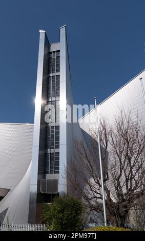 St. Mary's Cathedral, the seat of of the Roman Catholic Archdiocese of Tokyo. The concrete and stainless steel building was designed by Kenzo Tange. Stock Photo