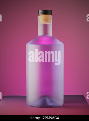 Cool clear unbranded gin bottle on a purple gradient background. Stock Photo