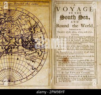 Image of slipcover from book printed in 1712: A Voyage to the South Sea, and Round the World Perform'd in the Years 1708, 1709, 1710, and 1711 Stock Photo