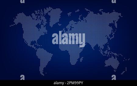 World map with square dot. Аbstract dotted squares world map on dark blue background. Pixels silhouette worldmap. Simple flat wallpaper. Planet Stock Vector