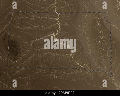 South Dakota, state of United States of America. Elevation map colored in sepia tones with lakes and rivers Stock Photo
