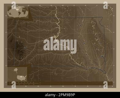 South Dakota, state of United States of America. Elevation map colored in sepia tones with lakes and rivers. Locations of major cities of the region. Stock Photo