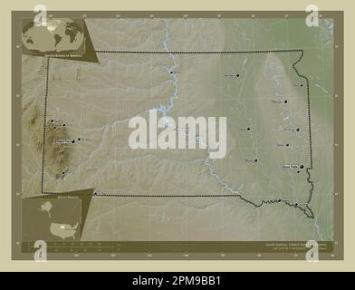 South Dakota, state of United States of America. Elevation map colored in wiki style with lakes and rivers. Locations and names of major cities of the Stock Photo