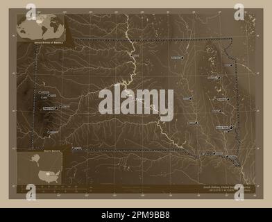 South Dakota, state of United States of America. Elevation map colored in sepia tones with lakes and rivers. Locations and names of major cities of th Stock Photo