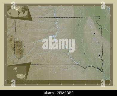 South Dakota, state of United States of America. Elevation map colored in wiki style with lakes and rivers. Locations of major cities of the region. C Stock Photo