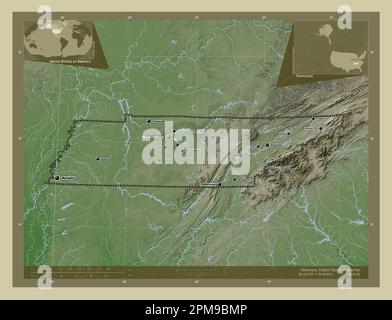 Tennessee, state of United States of America. Elevation map colored in wiki style with lakes and rivers. Locations and names of major cities of the re Stock Photo