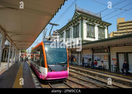 Matsuyama, Japan - April 11, 2023: A tram at Dogo Onsen Station in Matsuyama, Japan. Stock Photo