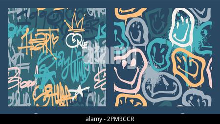Groovy smile seamless patterns pack in Urban street art graffiti style. Typography slogan print. Retrowave with 90s style. Psychedelic rave backdrop. Underground unisex design in green and blue color Stock Vector