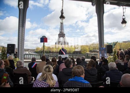 Paris, France. 12th Apr, 2023. Philippe Goujon Mayor of Paris 15 attends inauguration of the Jean-Paul Belmondo promenade on the Bir Hakeim bridge, under the Passy Viaduct arch in Paris, France on April 12, 2023. Photo by Nasser Berzane/ABACAPRESS.COM Credit: Abaca Press/Alamy Live News Stock Photo