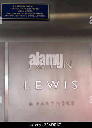London. UK- 04.09.2023. The name sign on the facade of the flagship John Lewis and Partners department store on Oxford Street. Stock Photo